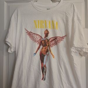 NIRVANA White Graphic Tee with Yellow and Red Accents